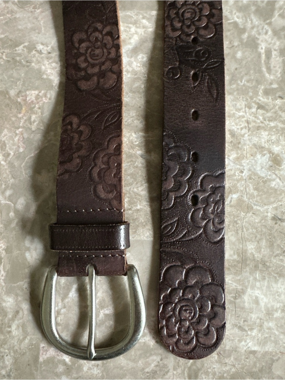 Fossil Belt Brown Genuine Leather Women's Size L Embossed Floral Made In India - Picture 4 of 12
